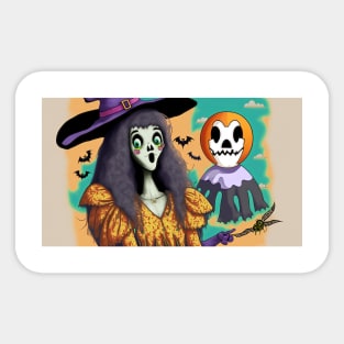 Witch Pointing at Pumpkin with Skull Face Sticker